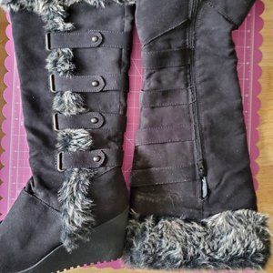 Womens Black Faux Fur Fauz Suede Tall Heeled Boots NEW